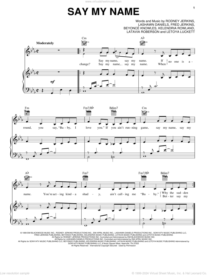 Say My Name sheet music for voice, piano or guitar by Destiny's Child, Beyonce, Fred Jerkins, Kelendria Rowland, LaShawn Daniels, LaTavia Roberson, LeToya Luckett and Rodney Jerkins, intermediate skill level