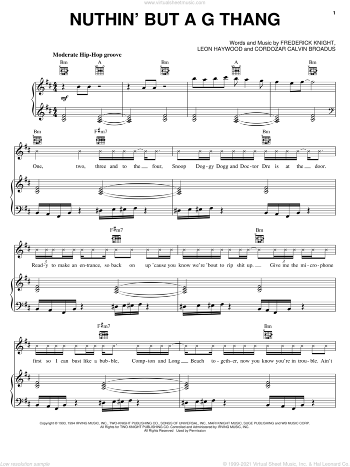 Nuthin' But A G Thang sheet music for voice, piano or guitar by Dr. Dre & Snoop Doggy Dog, Dr. Dre, Snoop Dogg, Cordozar Calvin Broadus, Frederick Knight and Leon Haywood, intermediate skill level