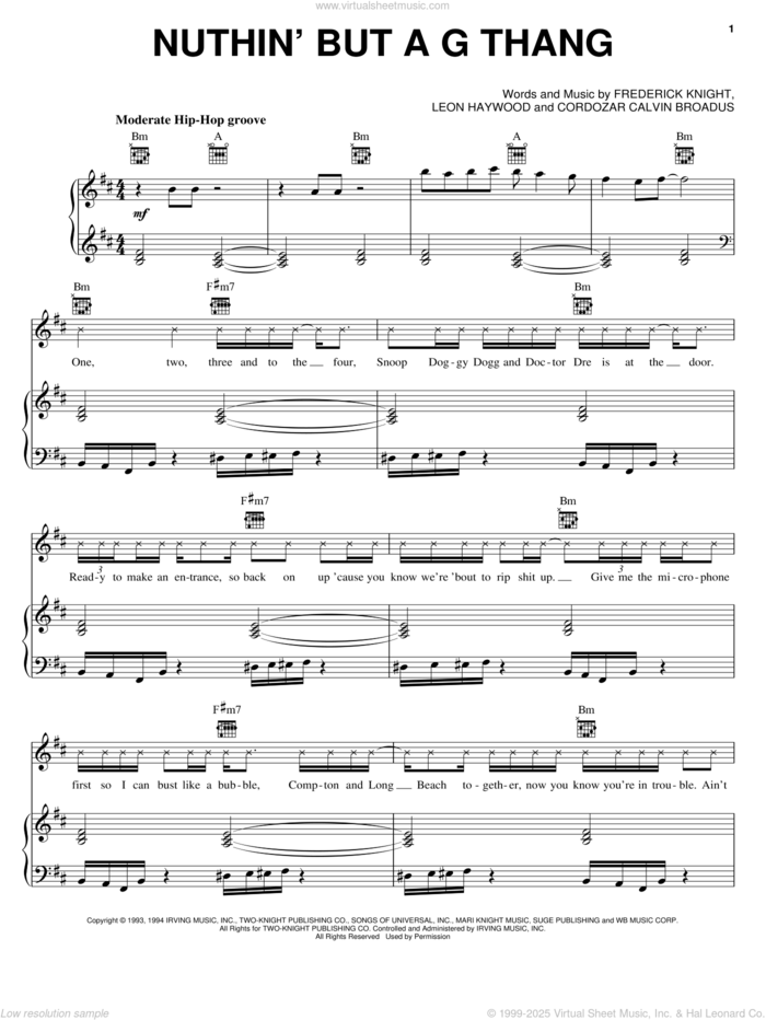 Nuthin' But A G Thang sheet music for voice, piano or guitar by Dr. Dre & Snoop Doggy Dog, Dr. Dre, Snoop Dogg, Cordozar Calvin Broadus, Frederick Knight and Leon Haywood, intermediate skill level