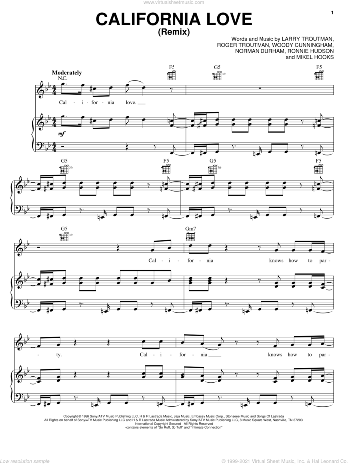 California Love (Remix) sheet music for voice, piano or guitar by 2Pac, Larry Troutman, Mikel Hooks, Norman Durham, Roger Troutman, Ronnie Hudson and Woody Cunningham, intermediate skill level