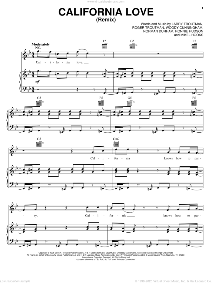 California Love (Remix) sheet music for voice, piano or guitar by 2Pac, Larry Troutman, Mikel Hooks, Norman Durham, Roger Troutman, Ronnie Hudson and Woody Cunningham, intermediate skill level