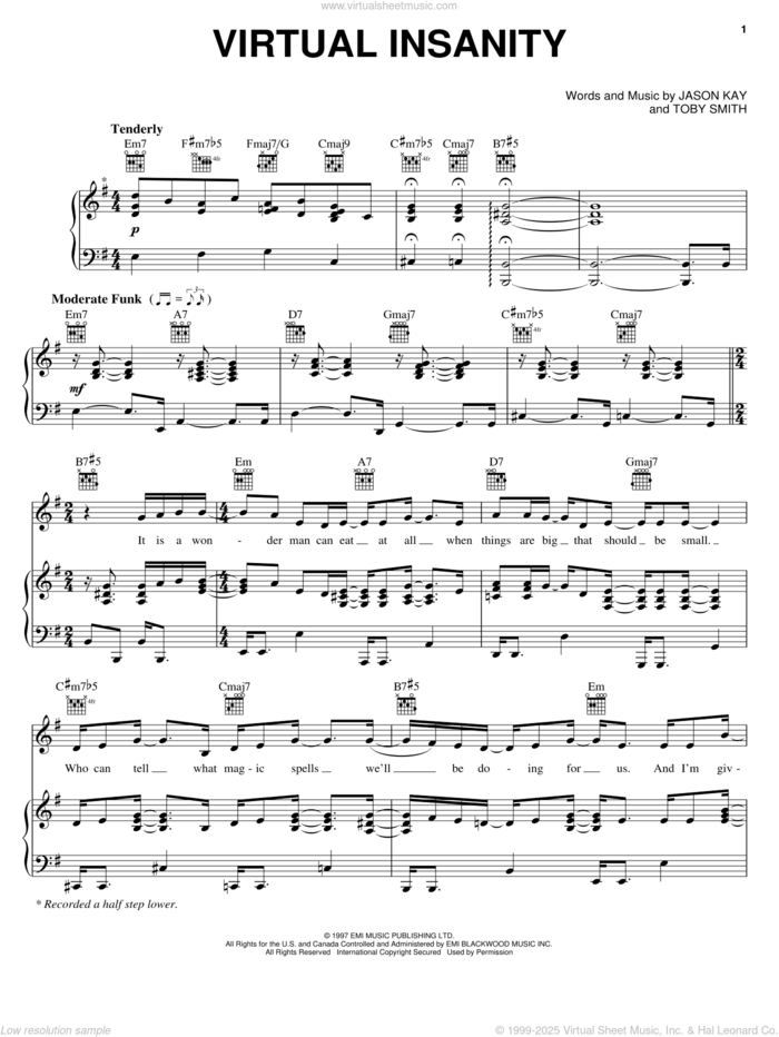 Virtual Insanity sheet music for voice, piano or guitar by Jamiroquai, Jason Kay and Toby Smith, intermediate skill level