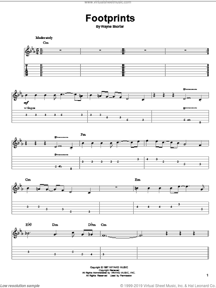 Footprints sheet music for guitar (tablature, play-along) by Wayne Shorter, intermediate skill level