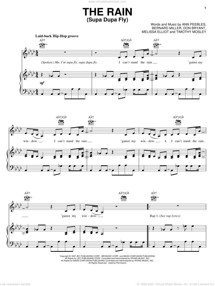 The Rain (Supa Dupa Fly) sheet music for voice, piano or guitar by Missy Elliott, Ann Peebles, Bernard Miller, Don Bryant, Melissa Elliott and Tim Mosley, intermediate skill level