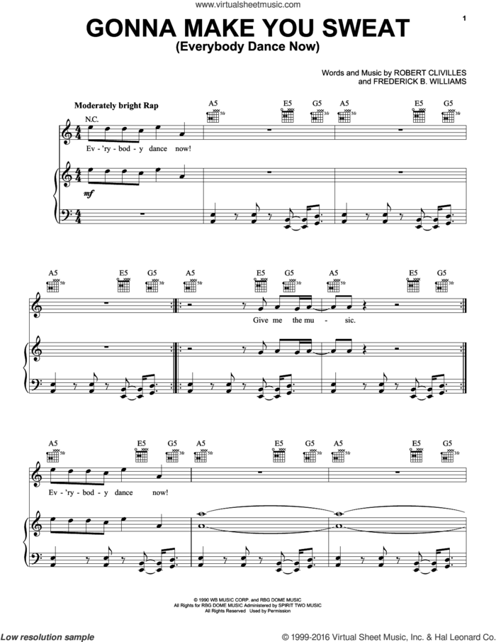 Gonna Make You Sweat (Everybody Dance Now) sheet music for voice, piano or guitar by C+C Music Factory, Frederick B. Williams and Robert Clivilles, intermediate skill level
