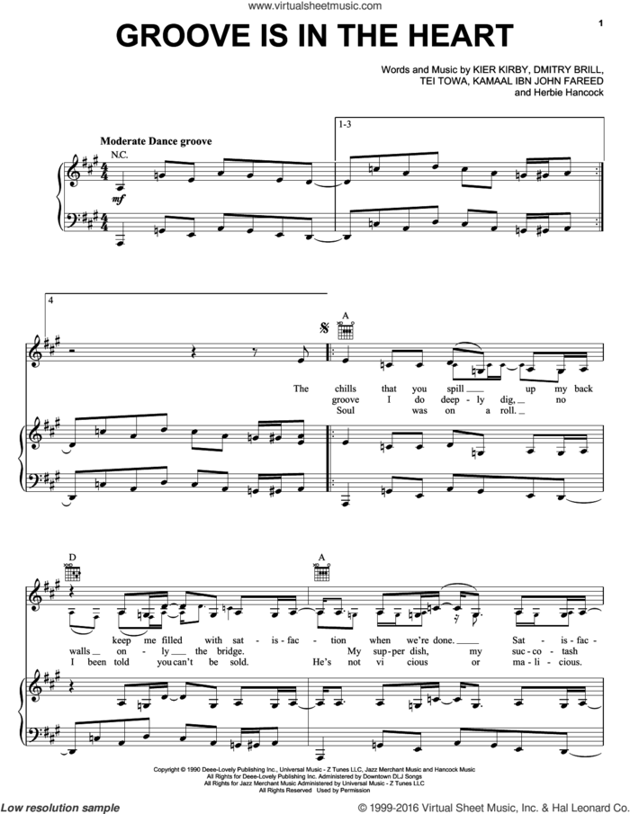 Groove Is In The Heart sheet music for voice, piano or guitar by Deee-Lite, Dmitry Brill, Herbie Hancock, Kier Kirby and Towa Tei, intermediate skill level