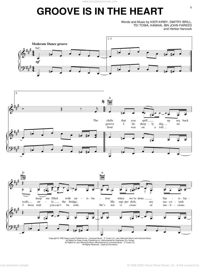 Groove Is In The Heart sheet music for voice, piano or guitar by Deee-Lite, Dmitry Brill, Herbie Hancock, Kier Kirby and Towa Tei, intermediate skill level