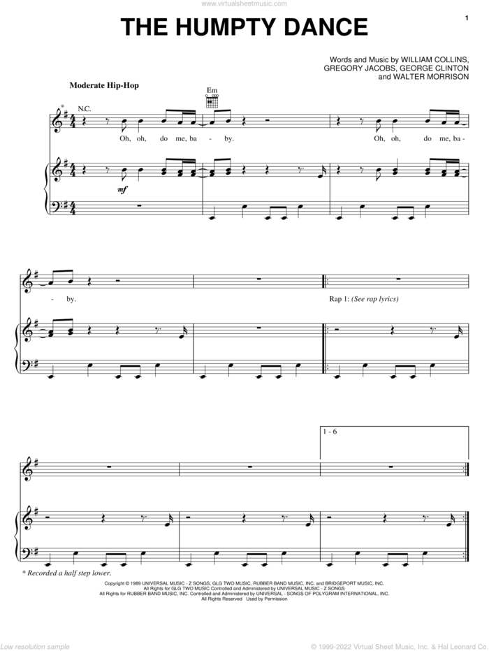 The Humpty Dance sheet music for voice, piano or guitar by Digital Underground, George Clinton, Gregory Jacobs, Walter Morrison and William Collins, intermediate skill level