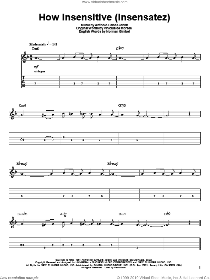 How Insensitive (Insensatez) sheet music for guitar (tablature, play-along) by Antonio Carlos Jobim, Norman Gimbel and Vinicius de Moraes, intermediate skill level