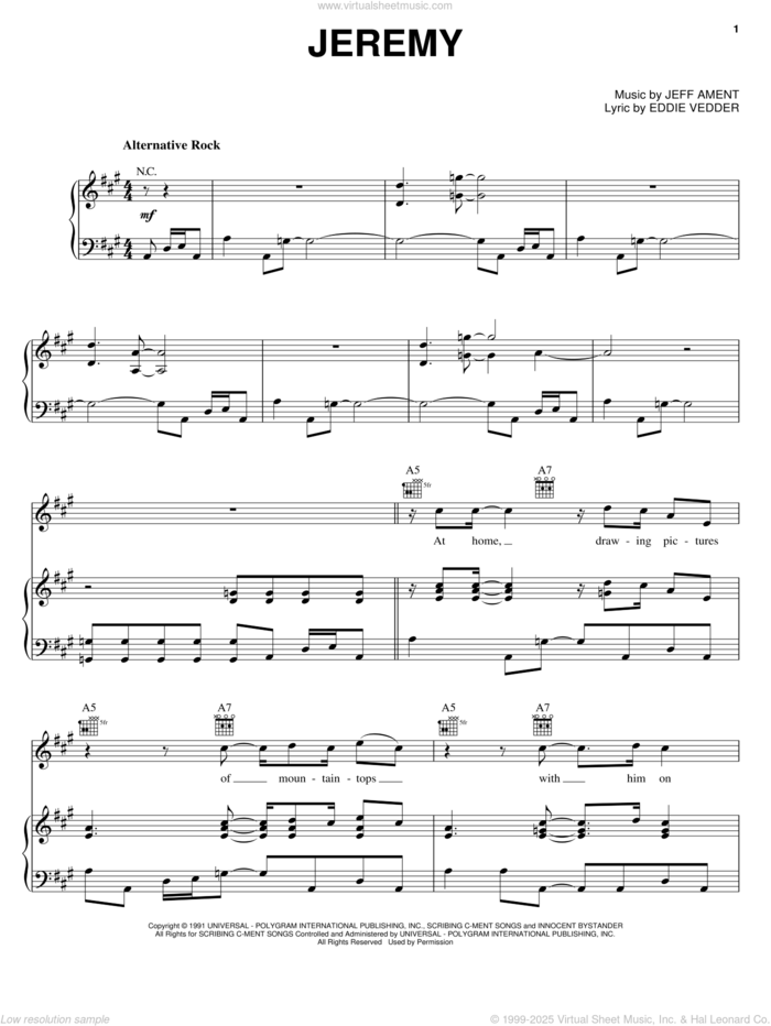 Jeremy sheet music for voice, piano or guitar by Pearl Jam, Eddie Vedder and Jeff Ament, intermediate skill level