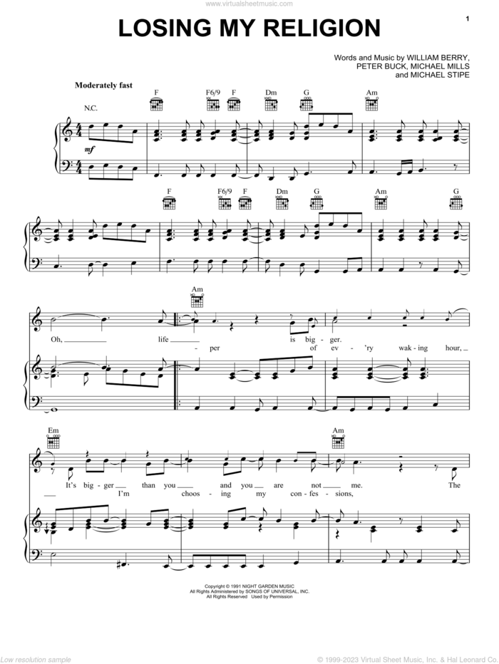 Losing My Religion sheet music for voice, piano or guitar by R.E.M., Bill Berry, Michael Stipe, Mike Mills and Peter Buck, intermediate skill level