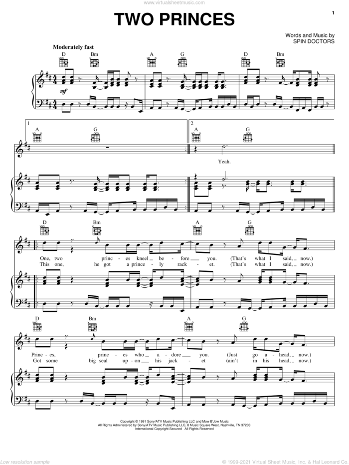 Two Princes sheet music for voice, piano or guitar by Spin Doctors, intermediate skill level