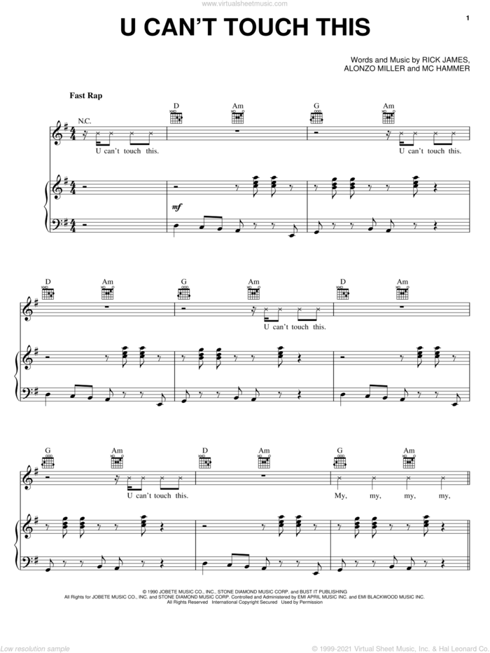 U Can't Touch This sheet music for voice, piano or guitar by MC Hammer, Alonzo Miller and Rick James, intermediate skill level