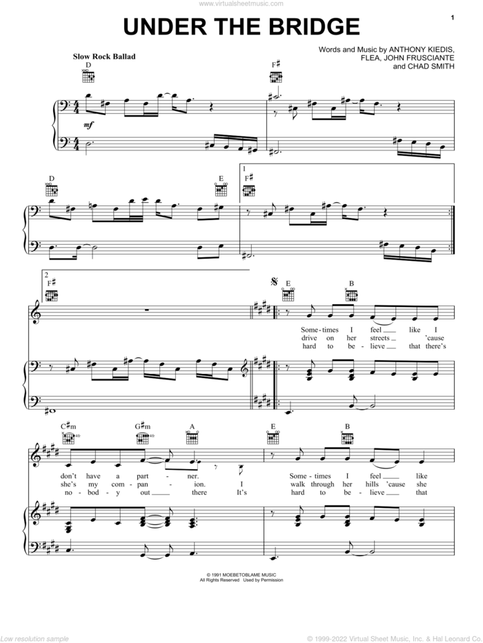 Under The Bridge sheet music for voice, piano or guitar by Red Hot Chili Peppers, Anthony Kiedis, Chad Smith, Flea and John Frusciante, intermediate skill level