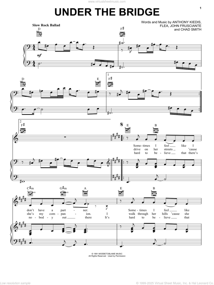 Under The Bridge sheet music for voice, piano or guitar by Red Hot Chili Peppers, Anthony Kiedis, Chad Smith, Flea and John Frusciante, intermediate skill level