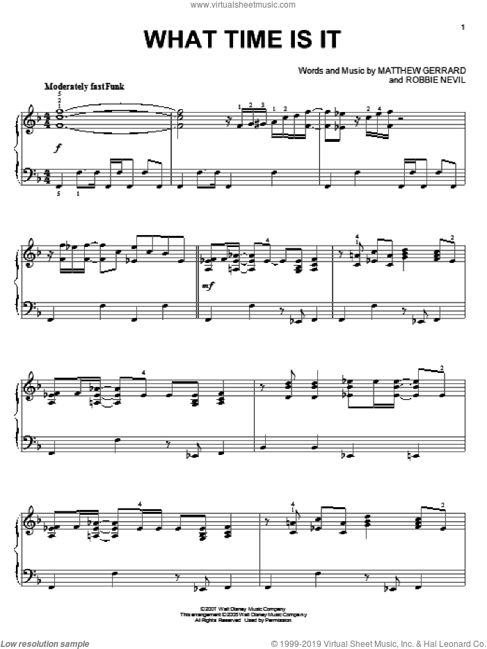 What Time Is It sheet music for piano solo by High School Musical 2, Matthew Gerrard and Robbie Nevil, intermediate skill level