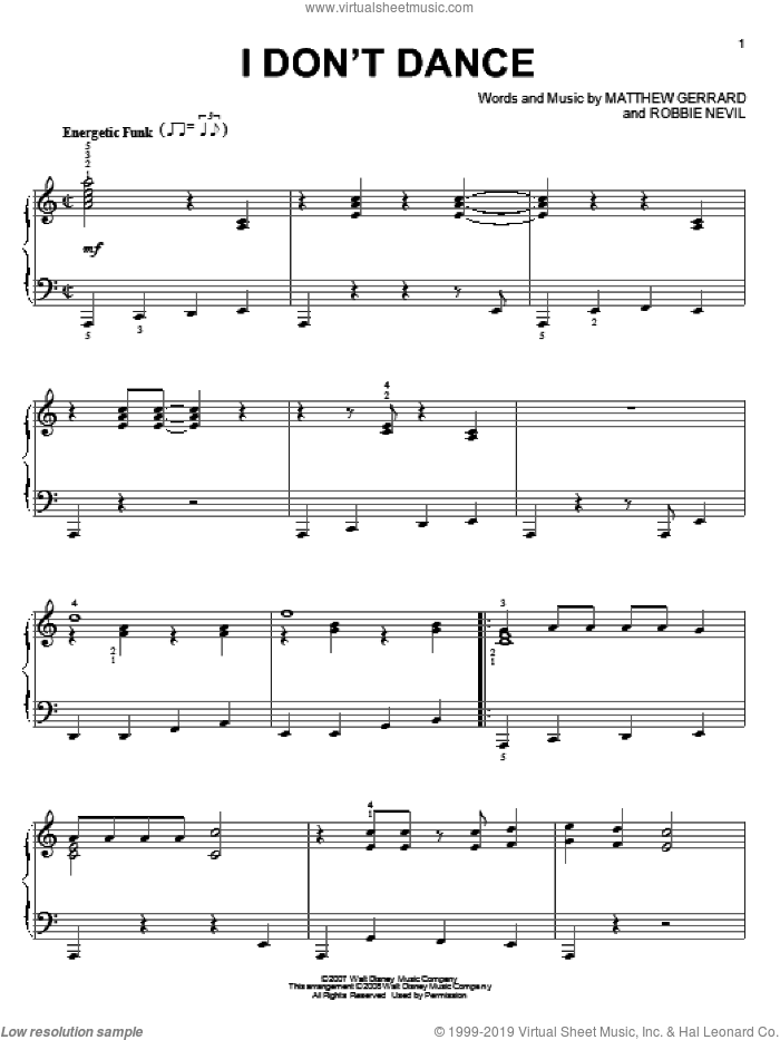 I Don't Dance sheet music for piano solo by High School Musical 2, Matthew Gerrard and Robbie Nevil, intermediate skill level
