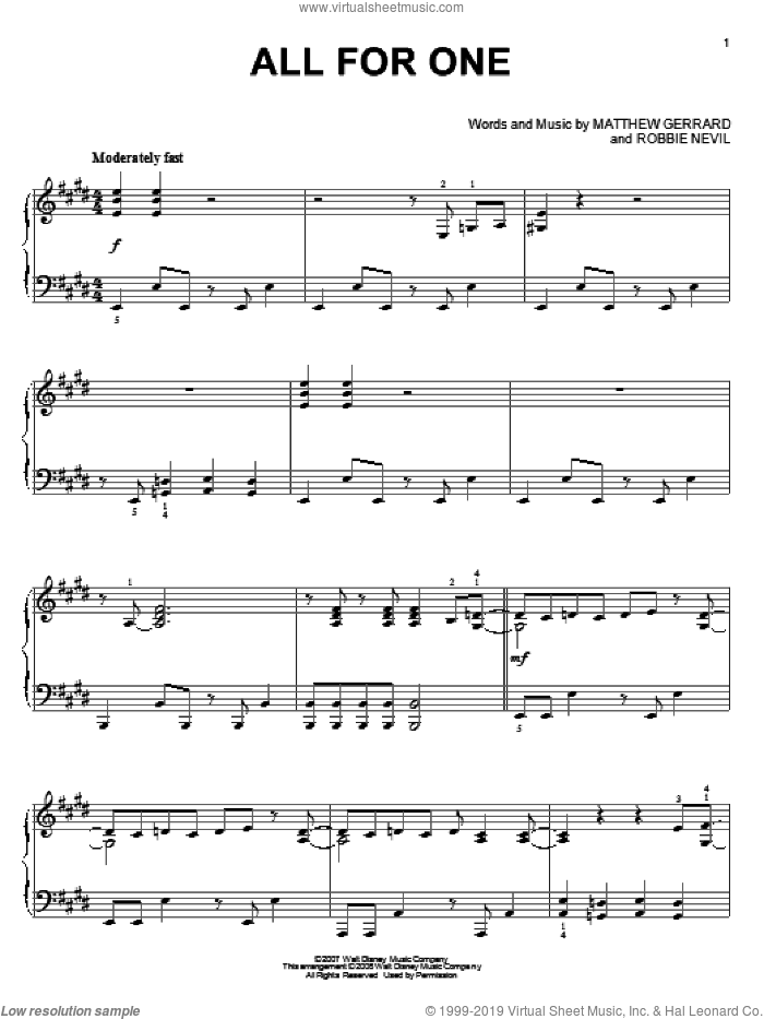 All For One, (intermediate) sheet music for piano solo by High School Musical 2, Matthew Gerrard and Robbie Nevil, intermediate skill level