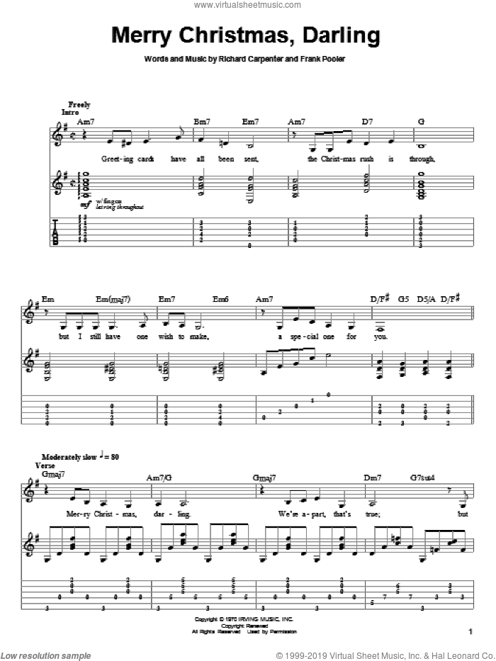 Merry Christmas, Darling sheet music for guitar (tablature, play-along) by Carpenters, Frank Pooler and Richard Carpenter, intermediate skill level