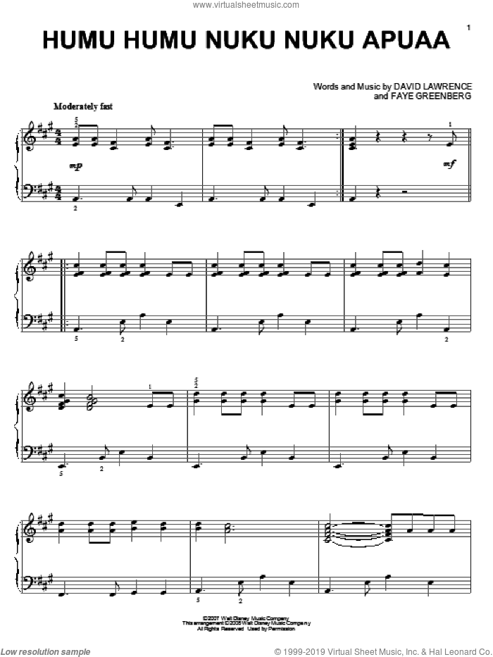 Humu Humu Nuku Nuku Apuaa sheet music for piano solo by High School Musical 2, David Lawrence and Faye Greenberg, intermediate skill level