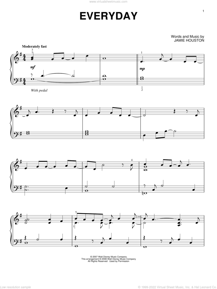 Everyday, (intermediate) sheet music for piano solo by High School Musical 2 and Jamie Houston, intermediate skill level