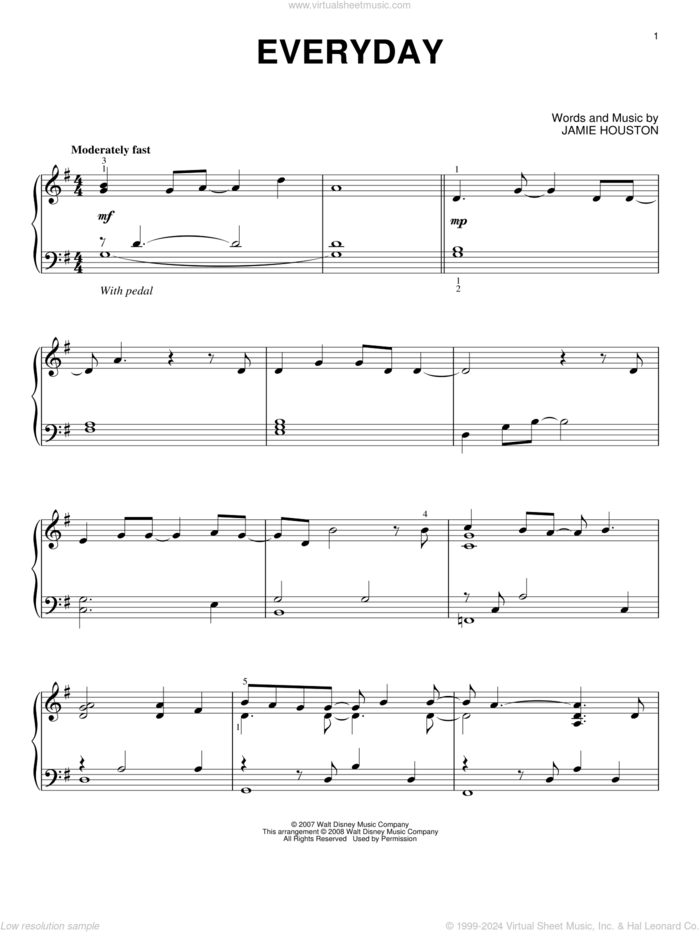 Everyday, (intermediate) sheet music for piano solo by High School Musical 2 and Jamie Houston, intermediate skill level