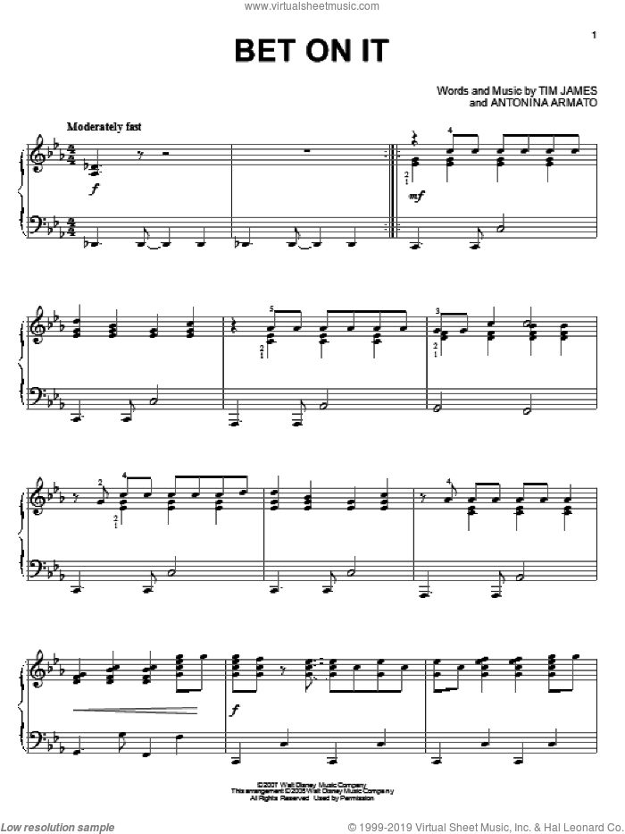 Bet On It, (intermediate) sheet music for piano solo by High School Musical 2, Antonina Armato and Tim James, intermediate skill level