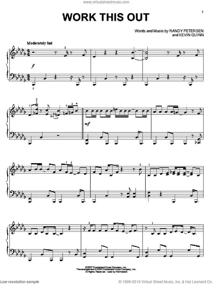 Work This Out, (intermediate) sheet music for piano solo by High School Musical 2, Kevin Quinn and Randy Petersen, intermediate skill level