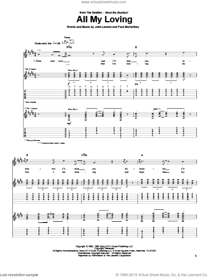 All My Loving sheet music for guitar (tablature) by The Beatles, John Lennon and Paul McCartney, intermediate skill level