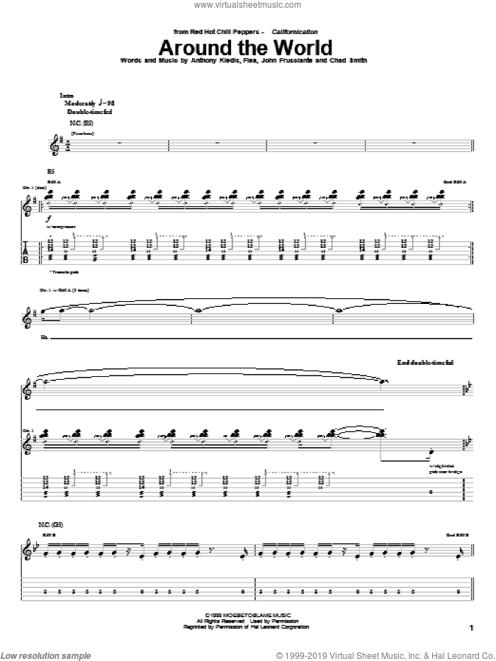 Around The World sheet music for guitar (tablature) by Red Hot Chili Peppers, Anthony Kiedis, Chad Smith, Flea and John Frusciante, intermediate skill level