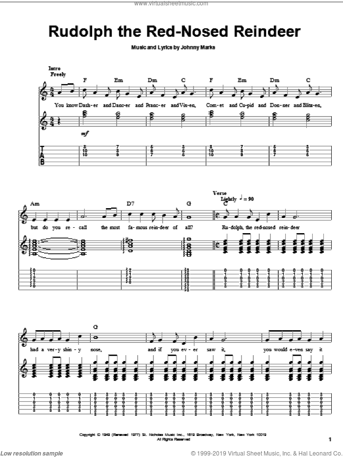 Rudolph The Red-Nosed Reindeer sheet music for guitar (tablature, play-along) by Johnny Marks, intermediate skill level