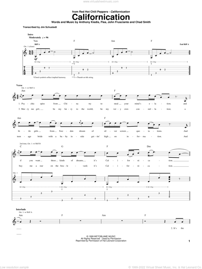 Californication sheet music for guitar (tablature) by Red Hot Chili Peppers, Anthony Kiedis, Chad Smith, Flea and John Frusciante, intermediate skill level