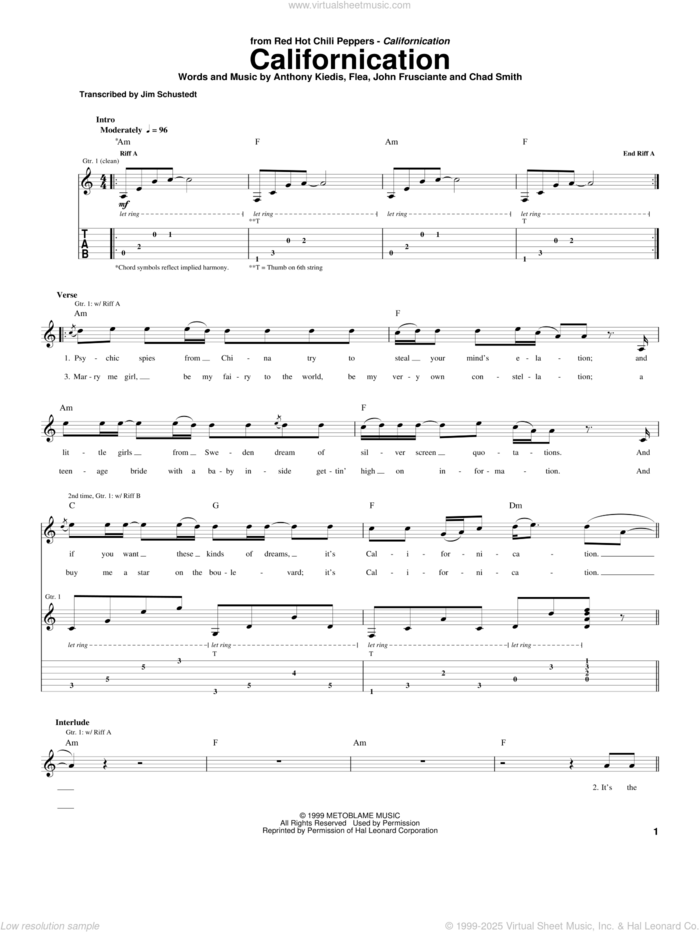 Californication sheet music for guitar (tablature) by Red Hot Chili Peppers, Anthony Kiedis, Chad Smith, Flea and John Frusciante, intermediate skill level