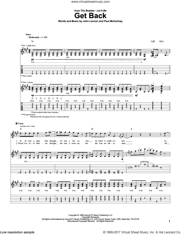 Get Back sheet music for guitar (tablature) by The Beatles, John Lennon and Paul McCartney, intermediate skill level