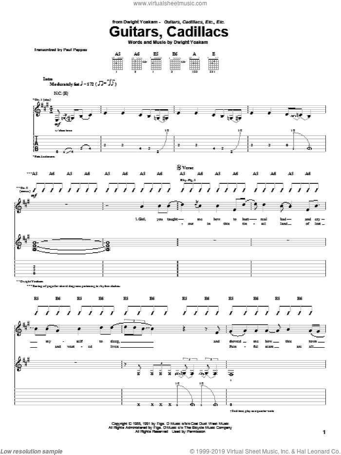 Guitars, Cadillacs sheet music for guitar (tablature) by Dwight Yoakam, intermediate skill level