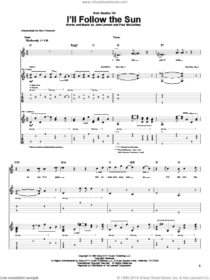 I'll Follow The Sun sheet music for guitar (tablature) by The Beatles, John Lennon and Paul McCartney, intermediate skill level