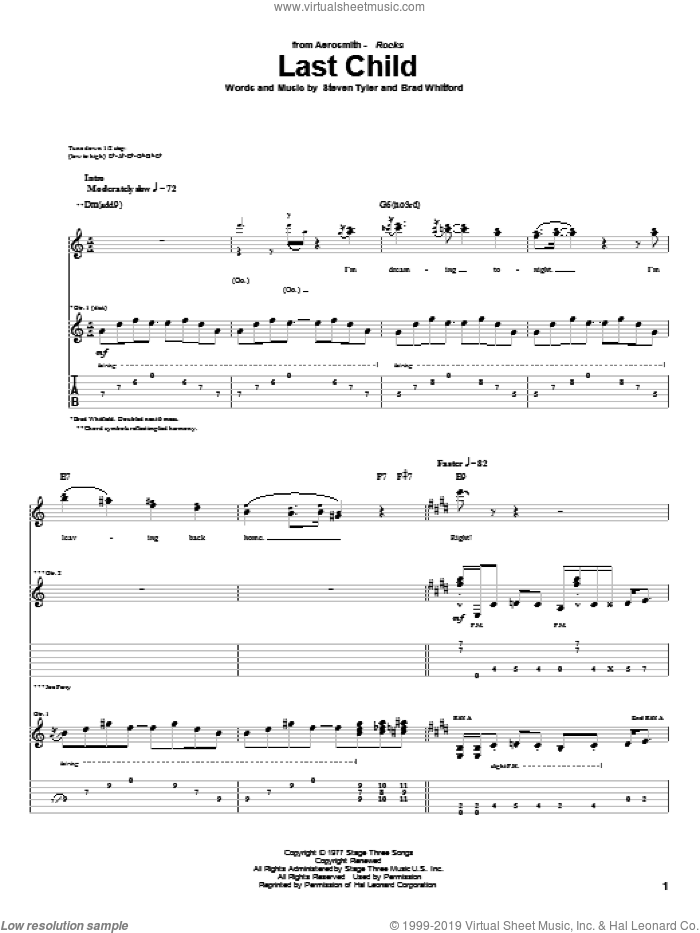 Last Child sheet music for guitar (tablature) by Aerosmith, Brad Whitford and Steven Tyler, intermediate skill level