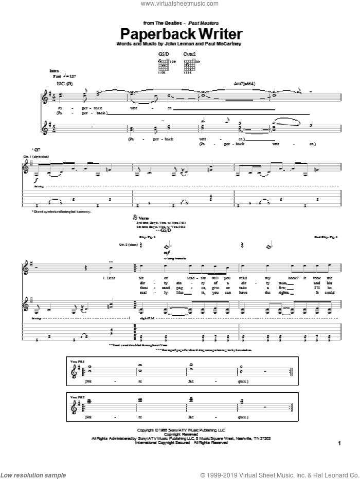 Paperback Writer sheet music for guitar (tablature) by The Beatles, John Lennon and Paul McCartney, intermediate skill level