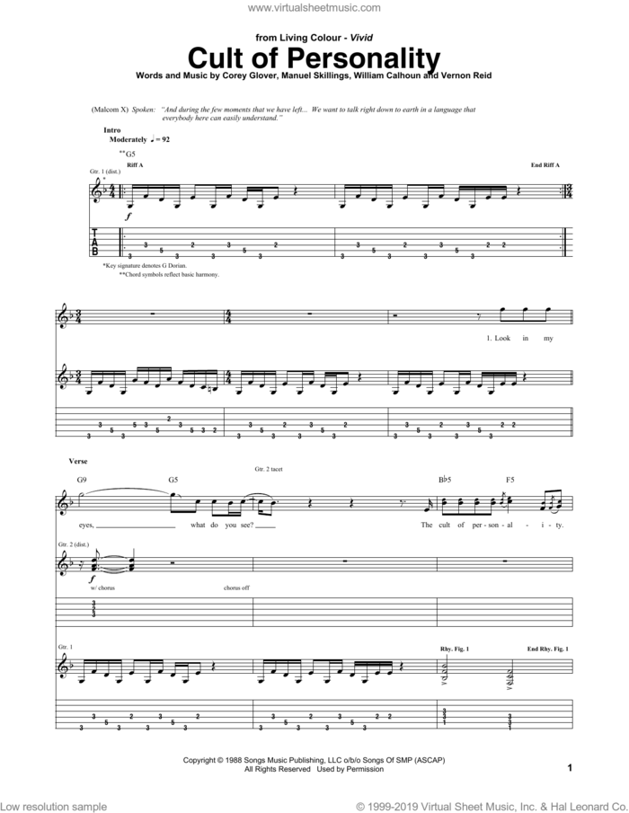 Cult Of Personality sheet music for guitar (tablature) by Living Colour, Corey Glover, Manuel Skillings, Vernon Reid and Will Calhoun, intermediate skill level