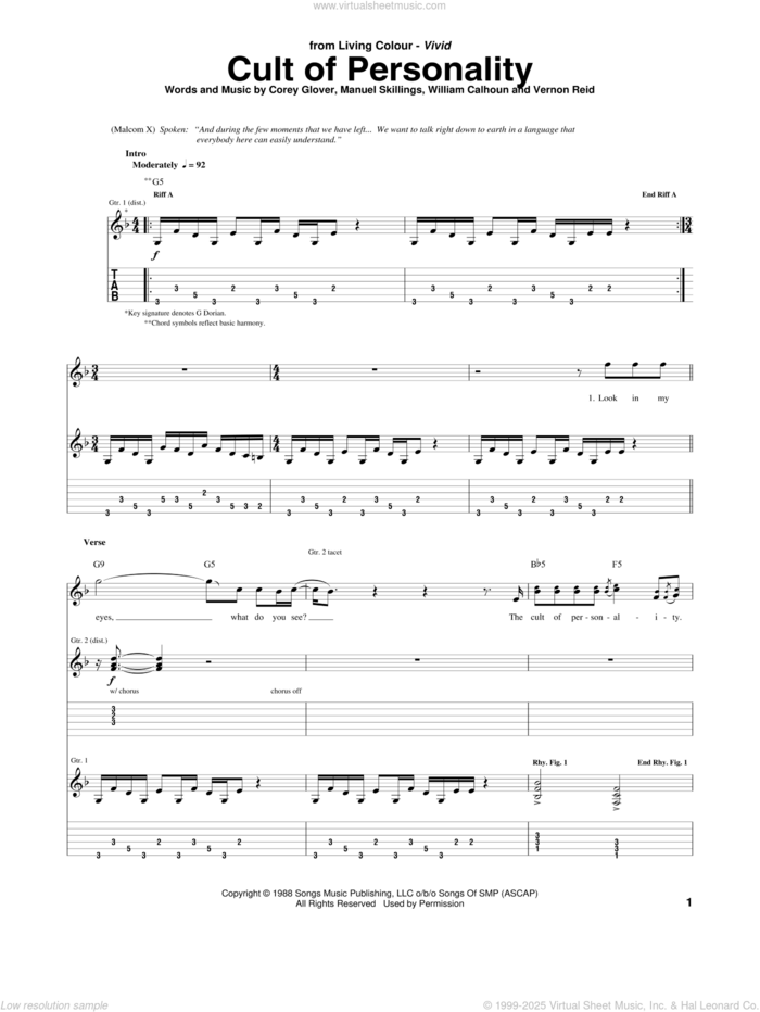 Cult Of Personality sheet music for guitar (tablature) by Living Colour, Corey Glover, Manuel Skillings, Vernon Reid and Will Calhoun, intermediate skill level