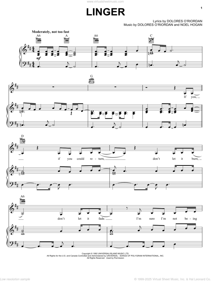 Linger sheet music for voice, piano or guitar by The Cranberries and Noel Hogan, intermediate skill level