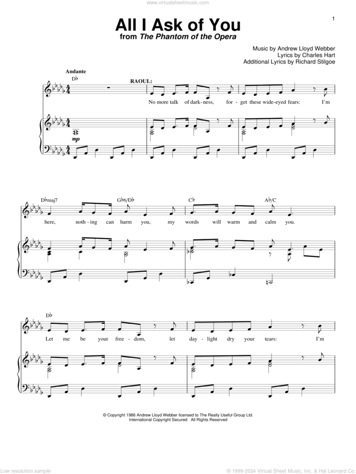 All I Ask Of You (from The Phantom Of The Opera) sheet music for voice and piano by Andrew Lloyd Webber, The Phantom Of The Opera (Musical), Charles Hart and Richard Stilgoe, wedding score, intermediate skill level