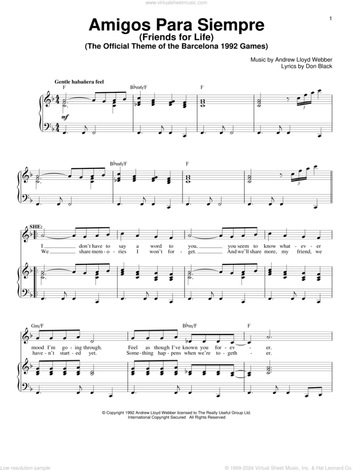 Amigos Para Siempre (Friends For Life) sheet music for voice and piano by Andrew Lloyd Webber and Don Black, intermediate skill level