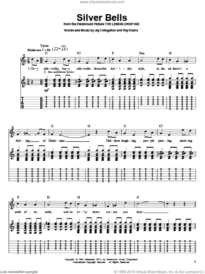 Silver Bells sheet music for guitar (tablature, play-along) by Jay Livingston and Ray Evans, intermediate skill level