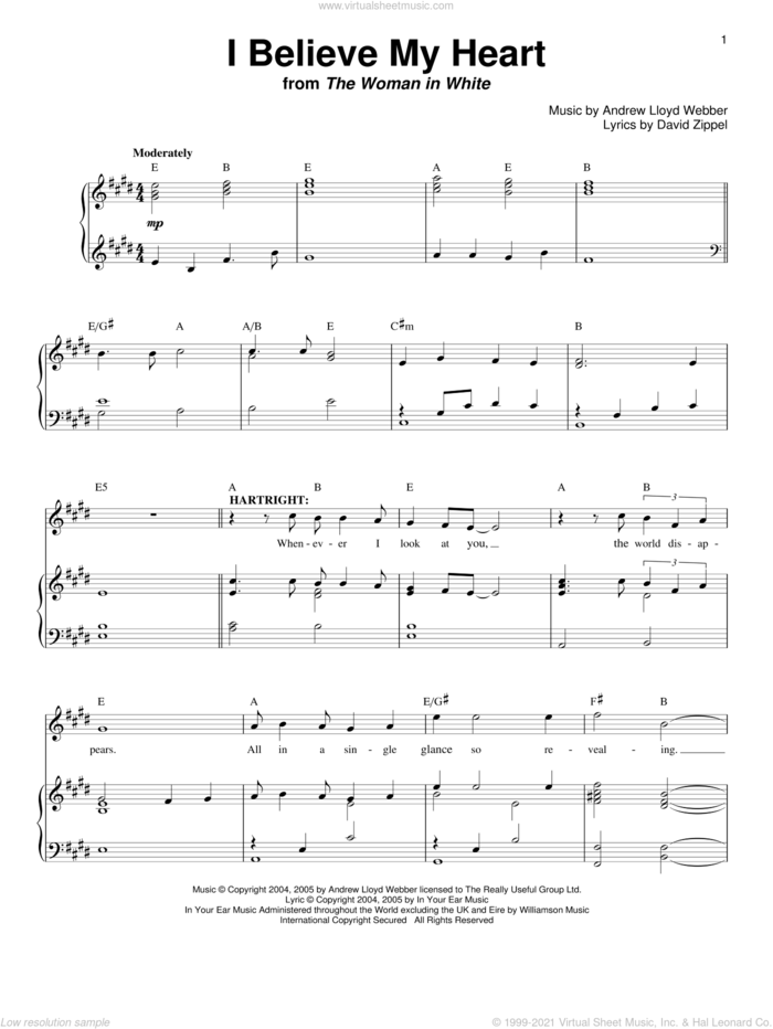 I Believe My Heart (from The Woman In White) sheet music for voice and piano by Andrew Lloyd Webber, The Woman In White (Musical) and David Zippel, intermediate skill level