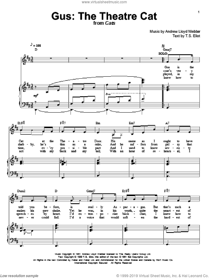 Gus: The Theatre Cat (from Cats) sheet music for voice and piano by Andrew Lloyd Webber, Cats (Musical) and T.S. Eliot, intermediate skill level