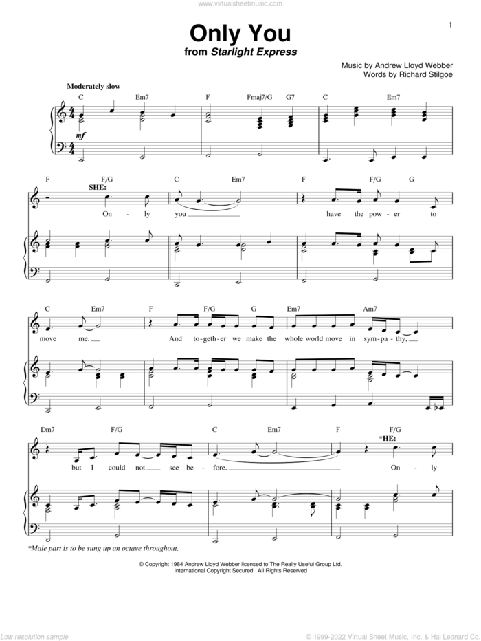 Only You (from Starlight Express) sheet music for voice and piano by Andrew Lloyd Webber and Richard Stilgoe, intermediate skill level