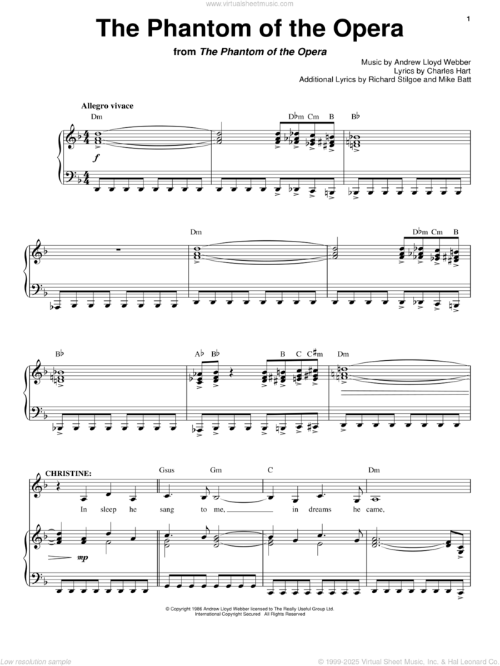 The Phantom Of The Opera sheet music for voice and piano by Andrew Lloyd Webber, The Phantom Of The Opera (Musical), Charles Hart, Mike Batt and Richard Stilgoe, intermediate skill level