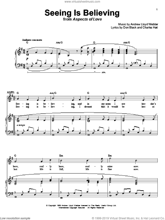 Seeing Is Believing (from Aspects of Love) sheet music for voice and piano by Andrew Lloyd Webber, Aspects Of Love (Musical), Charles Hart and Don Black, intermediate skill level