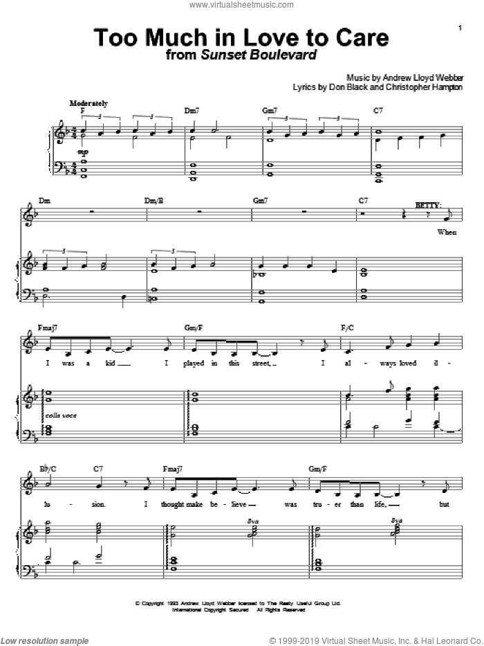 Too Much In Love To Care sheet music for voice and piano by Andrew Lloyd Webber, Christopher Hampton and Don Black, intermediate skill level